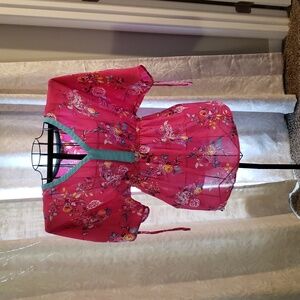 Floral Sheer Pink Blouse with Light Blue Trim